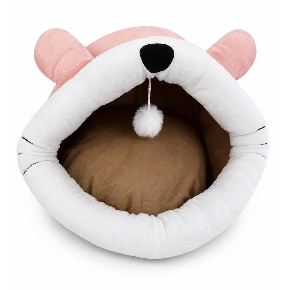 New Pink Kawaii Cat Cave Bed Bear Ears Pom Pom Plush Coquette Small Pet House
